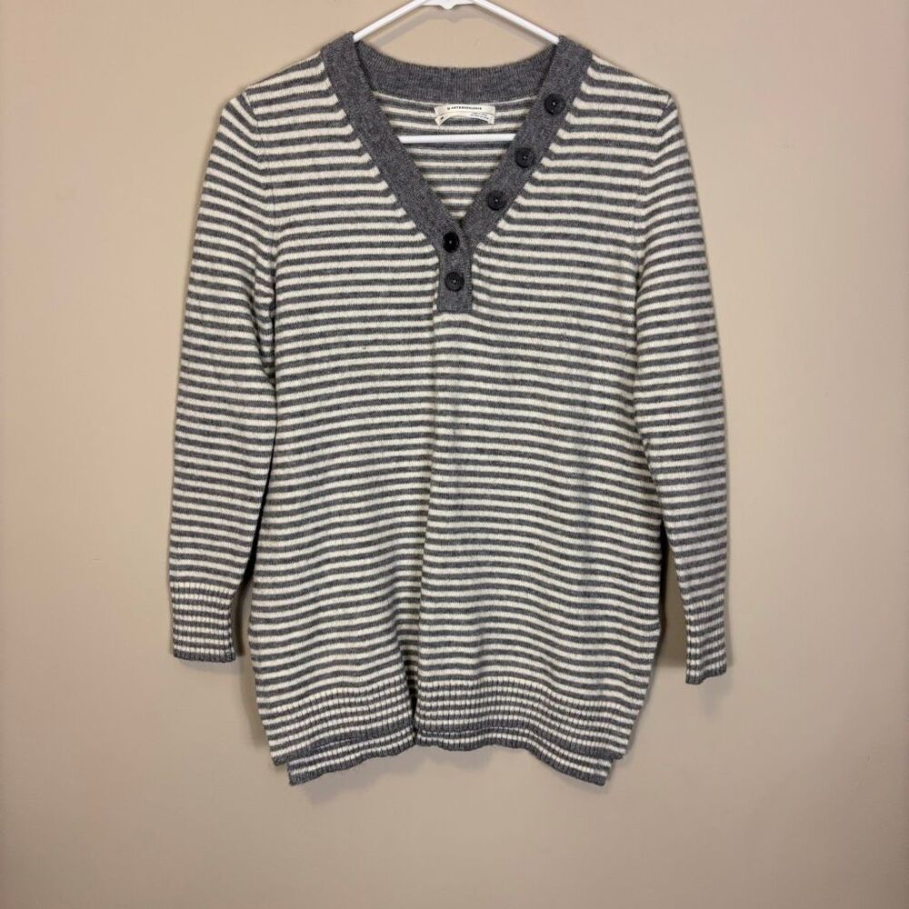Anthropologie Grey and White Striped Button Henley Pullover‎ Sweater XS